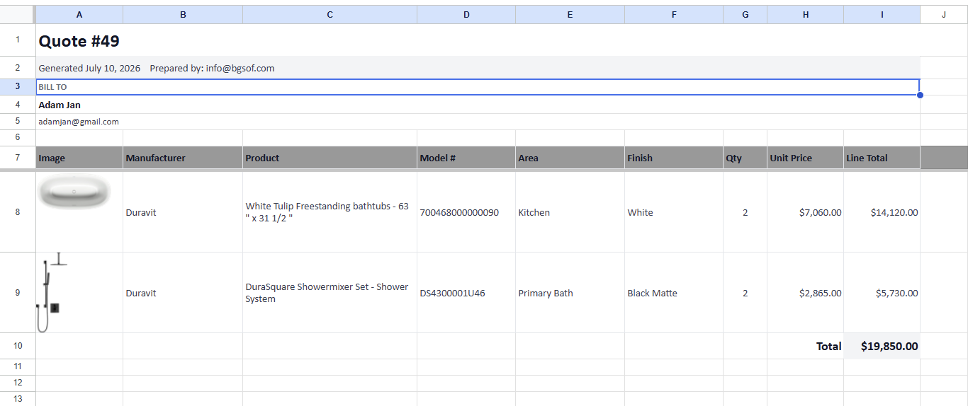 Export a branded, itemized quote to Excel